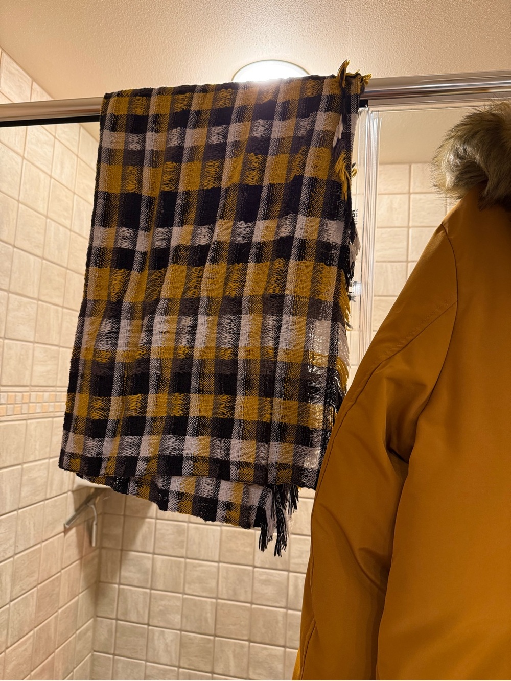 Sam Edelman Mustard Hooded Faux-Fur Trim Puffer Coat with Matching Plaid Scarf - Picture 13 of 15